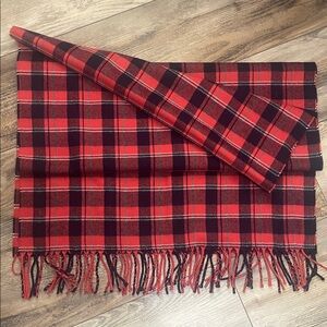 J. Crew Red and Navy Plaid Scarf with Fringe Trim One Size